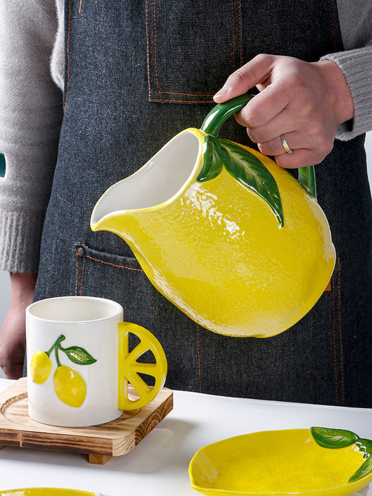 Creative ceramic high temperature resistant cold water jug for home high value hand-painted lemon embossed large capacity juice jug water cup