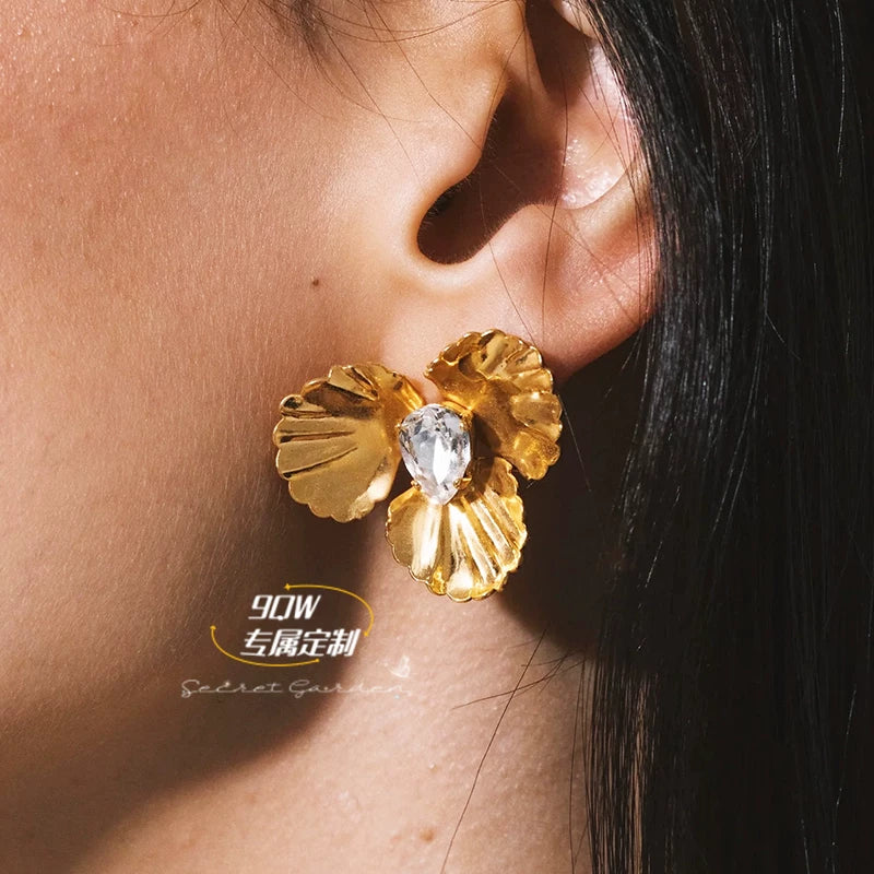9QW European and American high-end flower gemstone niche earrings personality light luxury earrings stud earrings fashion and versatile women
