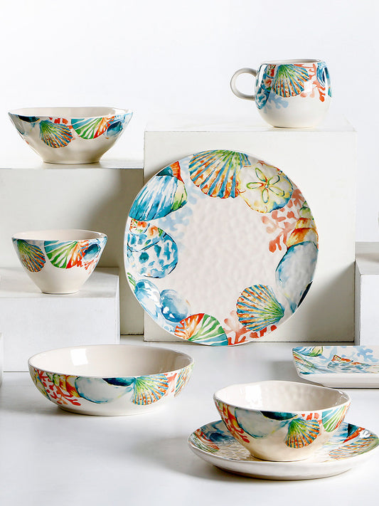 OMK Ocean Style Ceramic Bowl Creative Under Glaze Color Home Rice Bowl Combo Personality Large Soup Bowl and Basin
