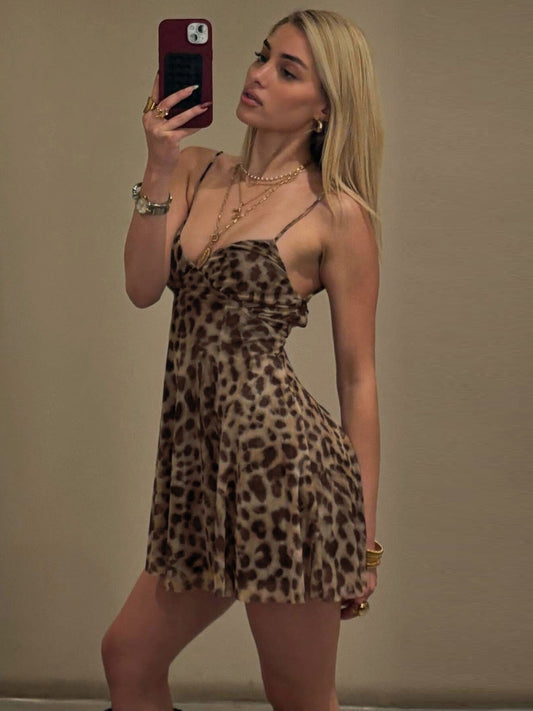 Sexy leopard print hot girl V-neck mesh camisole dress 2026 summer outfit sexy backless strappy skirt female