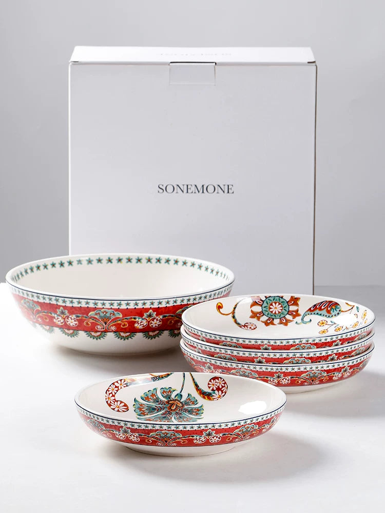 Creative Salad Bowl Plate Set Red Ceramic Tableware Household Large Soup Bowl Deep Vegetable Plate Combo Export Original