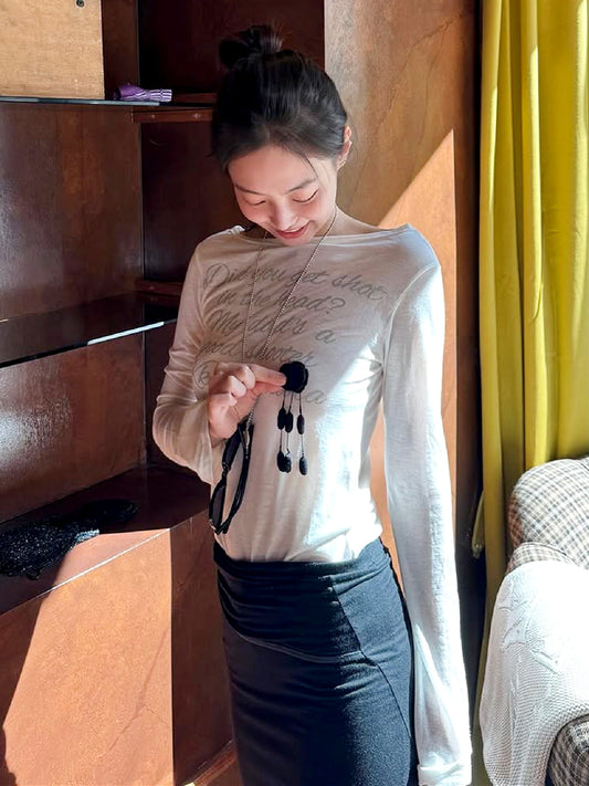 Jennie's same monogram print lazy style long-sleeved top 2026 early autumn new hot girl slimming bottom T-shirt