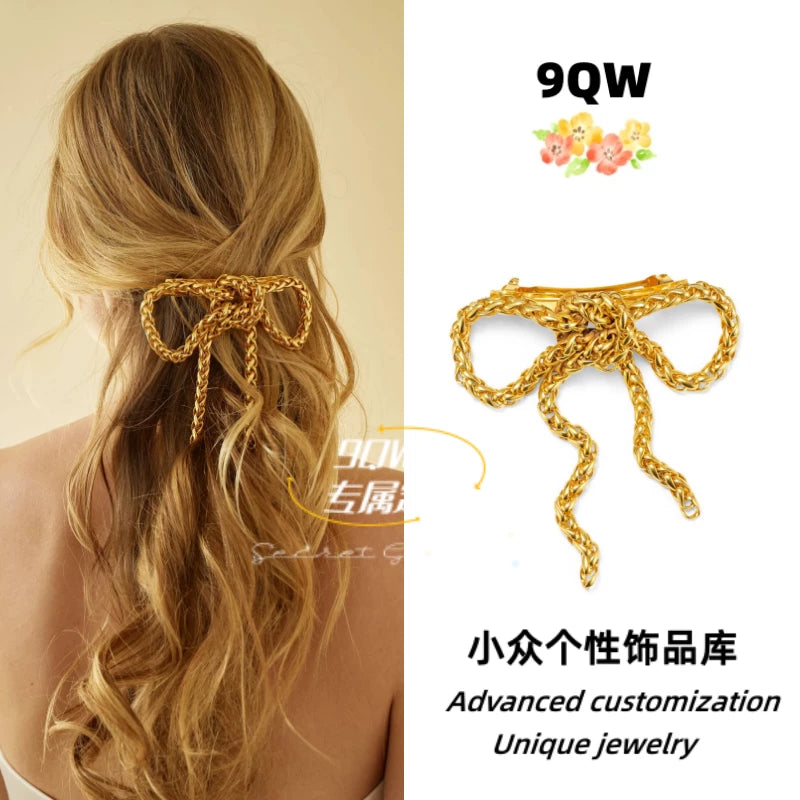 9QW French high-end woven chain bow hairpin elastic clip high-end sense personalized simple hair accessory headwear