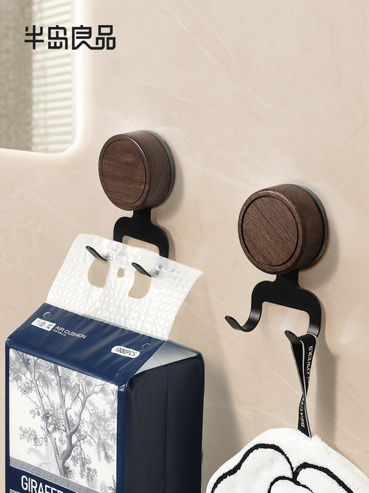 Solid wood suction cup hook punching-free hanging paper drawing special toilet strong load-bearing medieval style walnut sticky hook