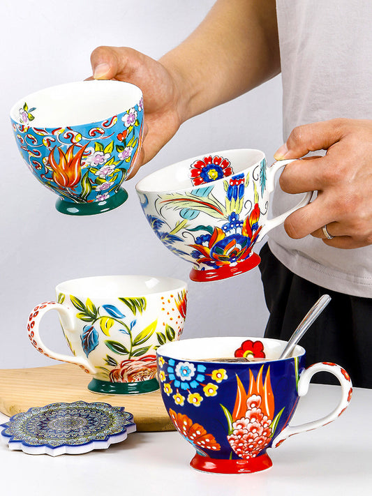 European and American guests hand-painted ceramic breakfast cup large-capacity coffee cup mug underglaze color cup oatmeal personality relief