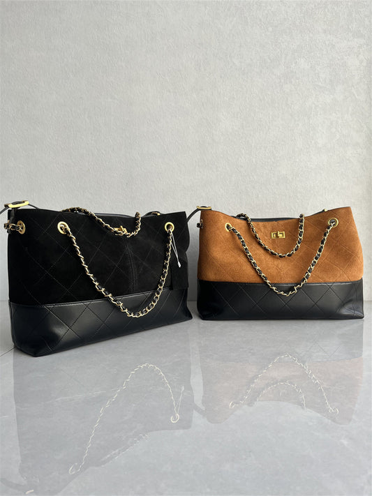 Foreign trade new high-quality top-layer cowhide tote bag fashion and versatility small fragrance style contrast chain hand-to-hand one shoulder woman