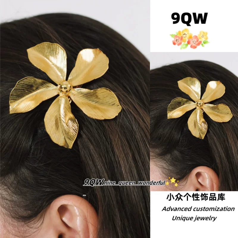 9QW homemade French temperament metal style duckbill flower hairpin gentle and high-end sense fresh side clip bangs clip