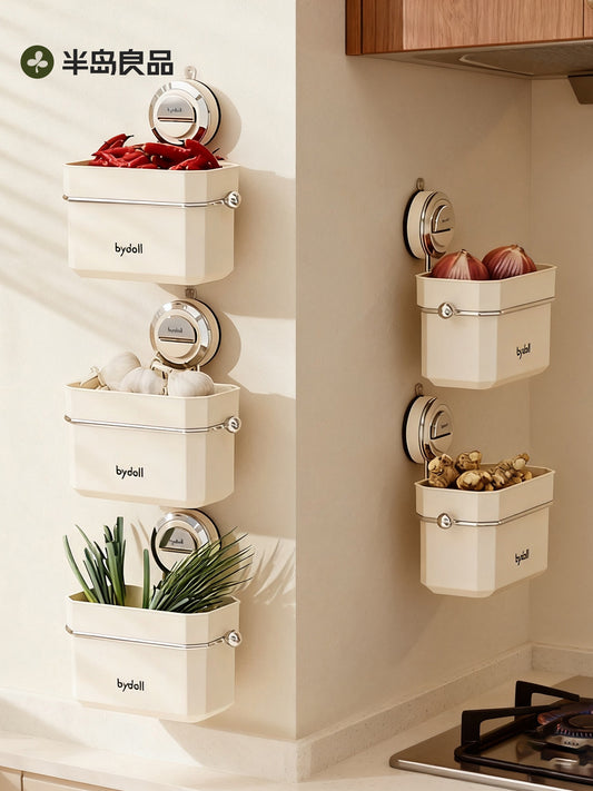 Kitchen onion, ginger and garlic storage box, wall-mounted suction cup, storage basket, non-perforated garlic, ginger hanging basket, seasoning shelves