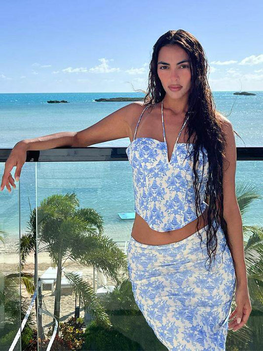 New Chinese high-end floral bandeau camisole top + hip-hugging midi skirt two-piece hot girl fashion suit female