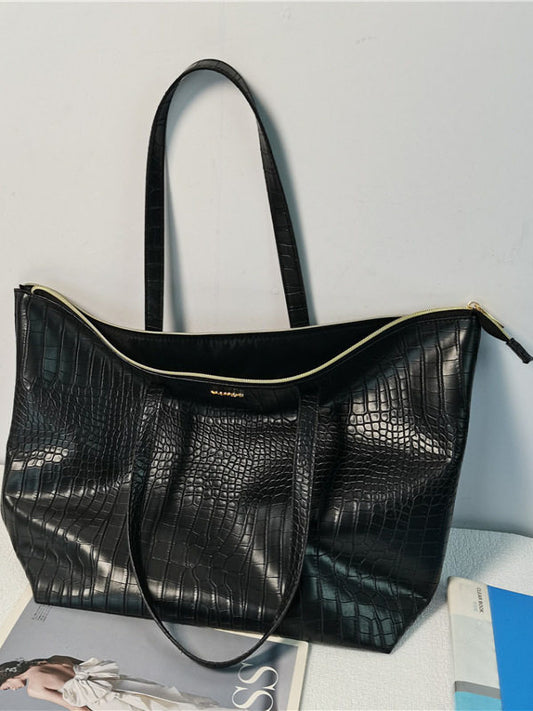 Crocodile print tote bag large capacity women's shoulder bag soft leather texture fashionable and versatile large size commuter computer bag for work