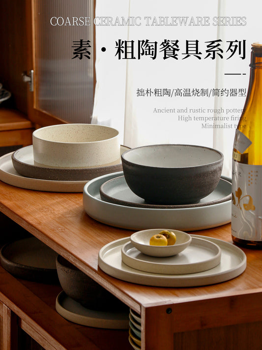 OMK creative stoneware tableware personalized western restaurant pasta plate vintage flat bottom round dim sum plate home dish plate