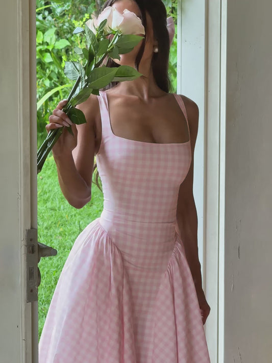 Island resort style girly pink checked square neck slip dress, new hot girl cinched waist thin A-line long dress