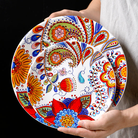 Creative steak plate, western dish plate, ceramic dish plate, personalized home breakfast plate, flat plate, underglaze color, round safflower plate