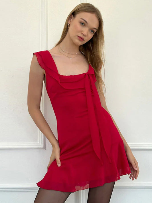 French Fall Large Square Collar Chiffon Dress 2026 Summer New Spice Girl Slim Slim Girl Slip Skirt