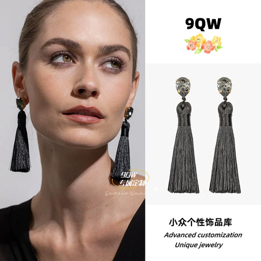 9QW self-made long tassel earrings, light luxury, high-end sense aura, strong high and cold, royal sister style, face and fashionable earrings