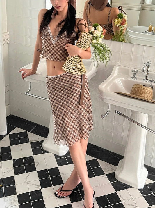 American retro plaid V-neck suspender + mermaid skirt two-piece summer outfit pure desire hot girl fashion suit