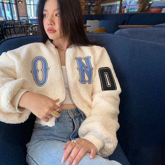 Preppy letter embroidery imitation lambswool baseball jersey top autumn and winter new hot girl loose thin short jacket tide