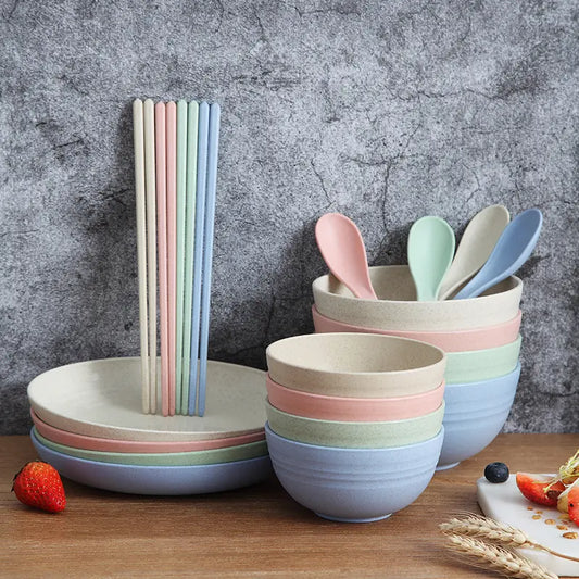Japanese household bowl and chopsticks set, simple wheat straw tableware, dishes, plates, drop-proof eating plastic bowls, family size