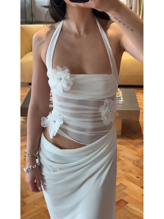 Pure desire halterneck bandeau mesh see-through splicing hip pleated long skirt 2026 summer new resort dress