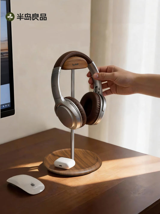 Solid wood headphone stand storage rack dormitory desktop walnut high-value headphone hanger headset holder