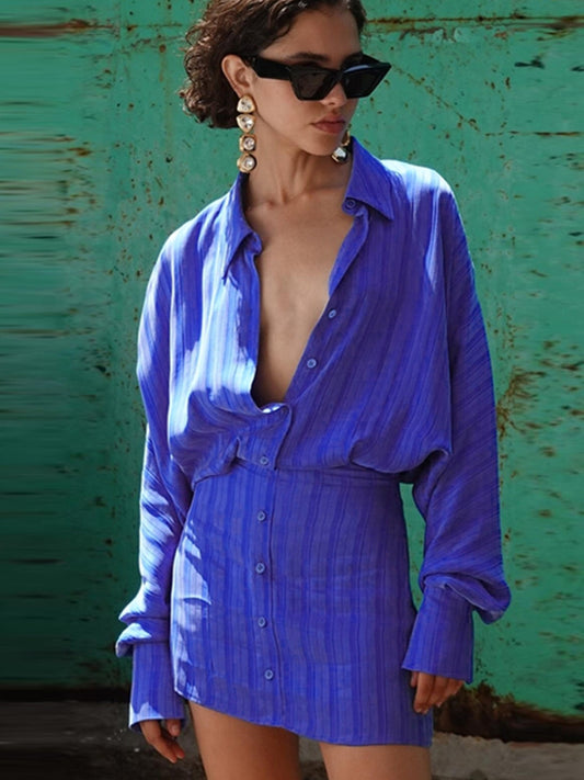 High-end striped POLO neck long-sleeved shirt dress new hot girl fake two slim temperament hip-hugging short skirts