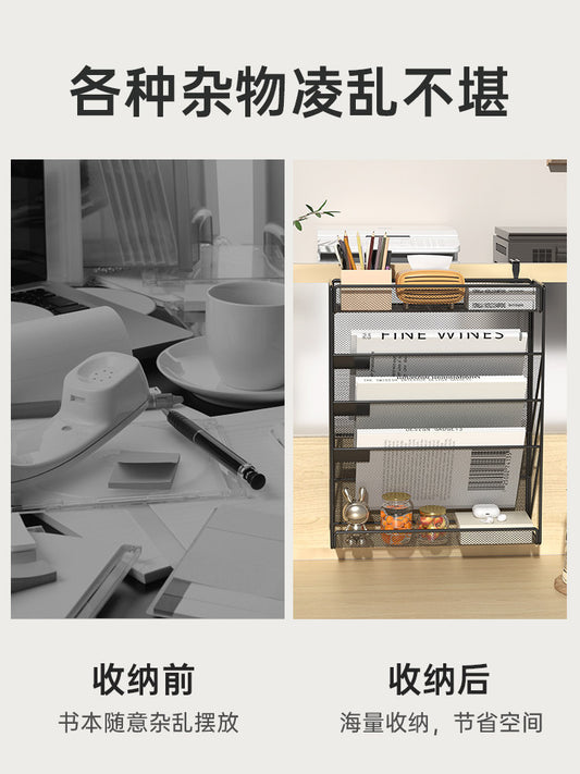 Wall-mounted multi-functional file shelf, adjustable hooks, wall-mounted metal multi-layer folder storage box, office supplies, desktop stationery, information shelf, student simple table, book and magazine