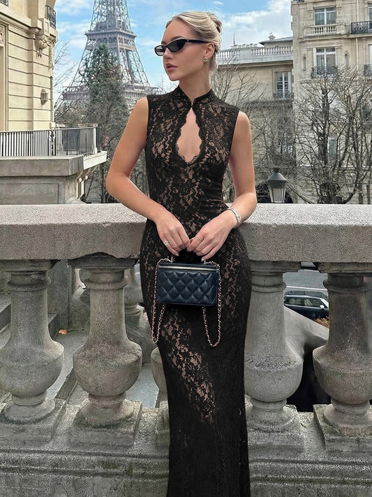 New Chinese lace chest cut-out sleeveless dress 2026 summer new hot girl sexy hip-hugging slit long skirt