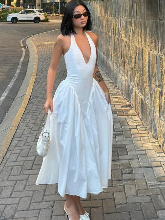 French Hepburn style V-neck low-cut halterneck tie dress women's summer waist slim large skirt retro long skirt fairy